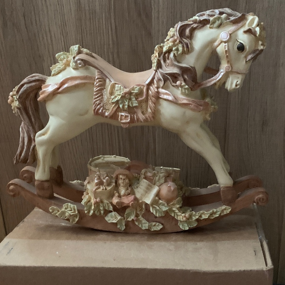 Elegant Cream and Brown Rocking Horse Music Box Figurine